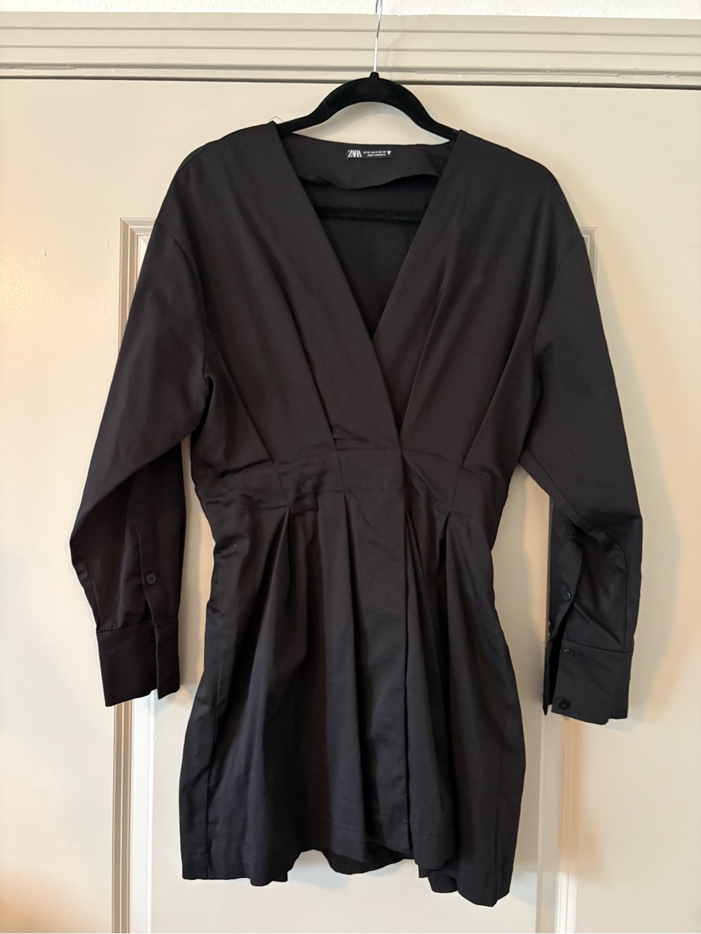 Zara Black Long Sleeve V-Neck Pleated Waist Dress